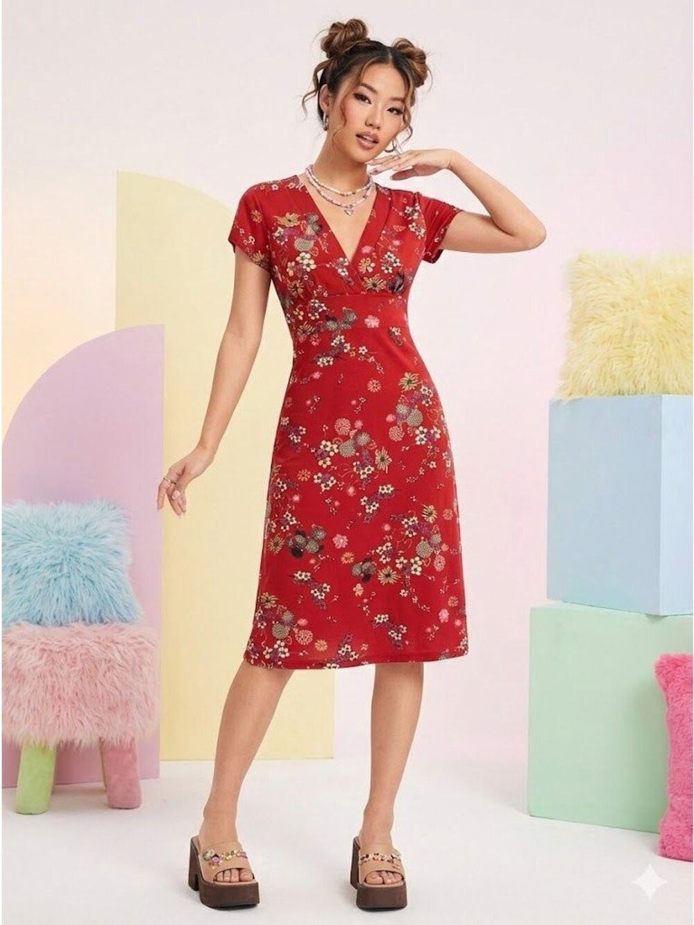 Vintage 90s Red Floral V-Neck A-Line Dress Asian Style Whimsygoth Boho Sz 11/12